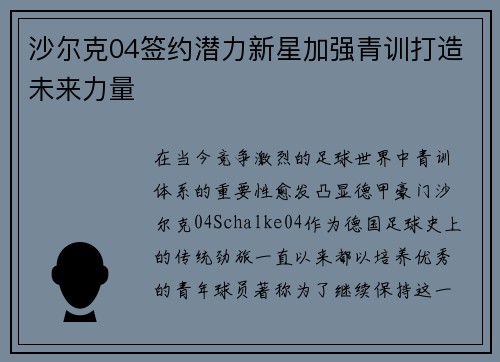 沙尔克04签约潜力新星加强青训打造未来力量